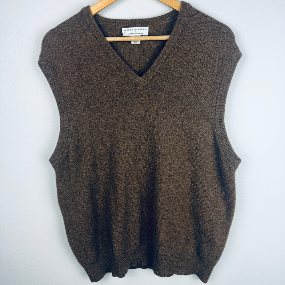 Saks Fifth‎ Avenue Cashmere Brown V-Neck Sweater Vest Large Great Britain